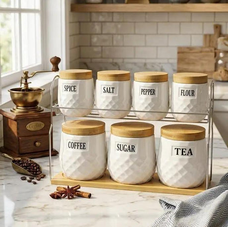 Luxury Ceramic Canister Set With Bamboo Lids And Chrome Tray 8 Piece Kitchen & Dining Food Storage Containers