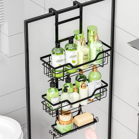 Drill-Free Over-Door Bathroom Shelf Organizer with Wall-Mounted Basket Racks