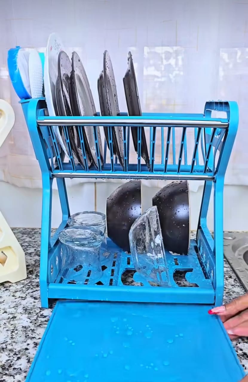 Minimalist 2-Layer Dish Rack with Side Hooks