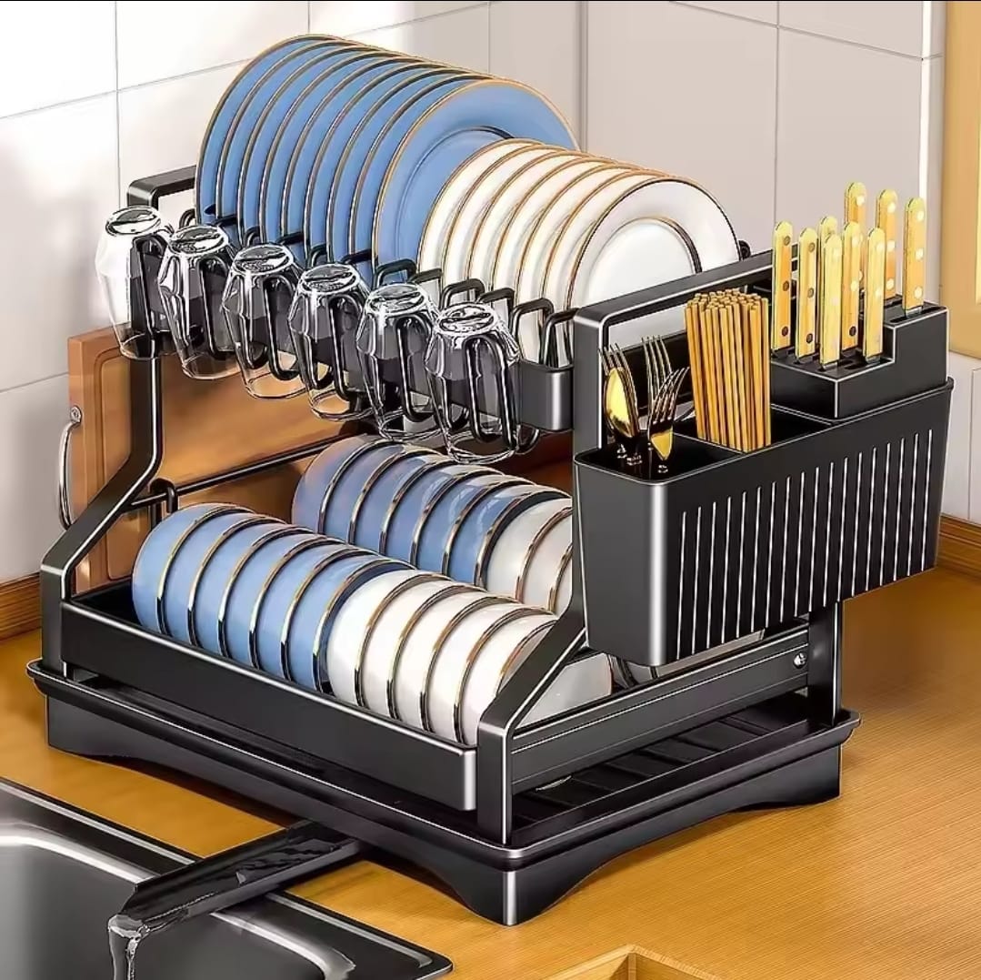 Kitchen Dish Bowl Drainer Rack with Drain Basket and Utensil Storage – 2 Tier