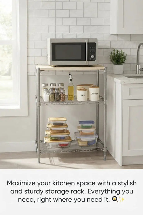 3-Layer Carbon Steel Wooden Top Shelf Kitchen rack Kitchen Cabinets