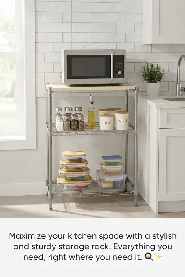 3-Layer Carbon Steel Wooden Top Shelf Kitchen rack Kitchen Cabinets