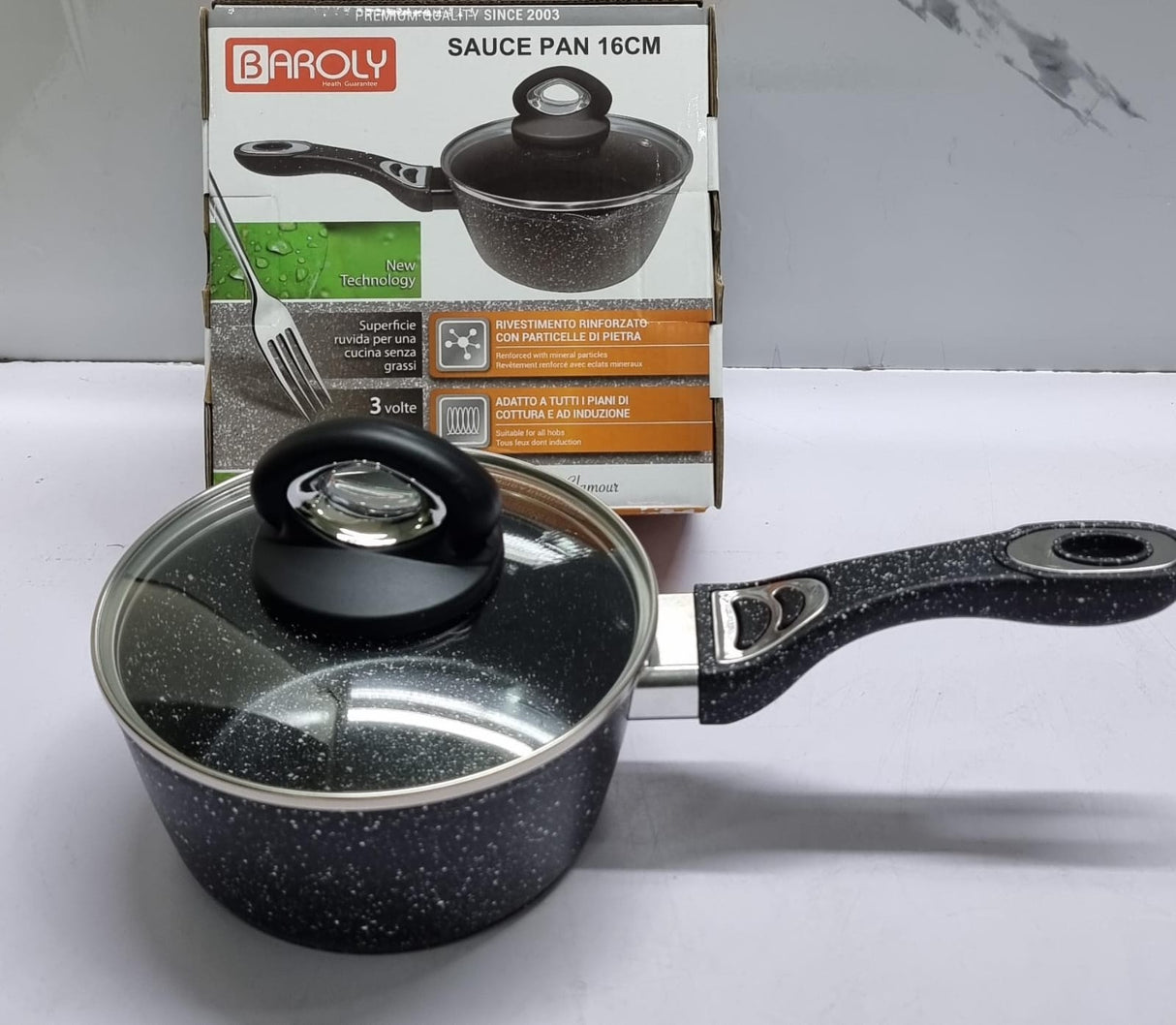 Baroly German Brand Heavy Granite Saucepans with Lids in Black 18cm and 20cm