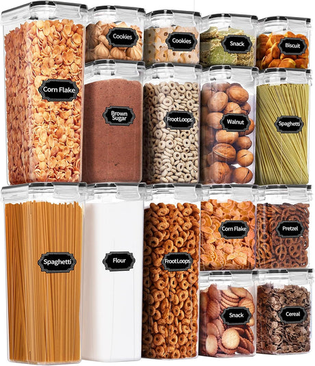 16pcs Food and Pantry Storage Containers Set with Stickers, Pen, and Measuring Cups