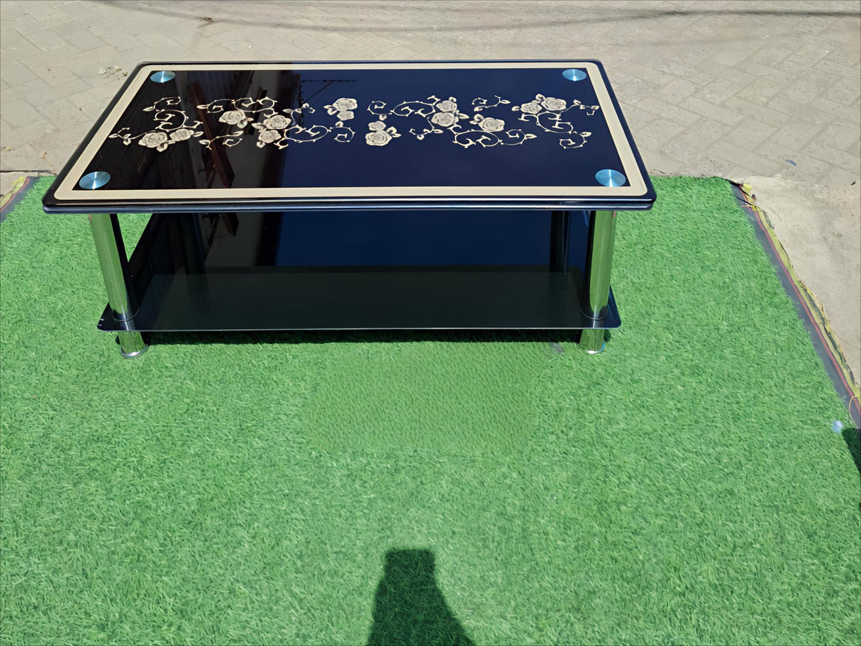 Modern Black Floral Glass Coffee Table with Chrome Legs