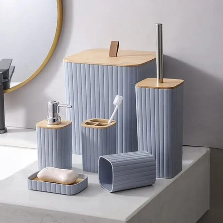 6 in 1 Bathroom Accessories Set with Wooden Top Complete Countertop Organizer