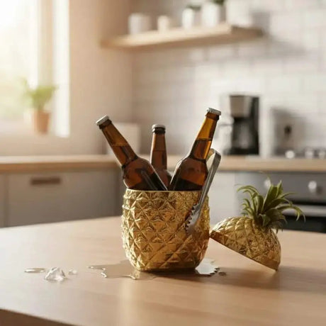 Gold Pineapple Canister with Green Leaf Lid Decor