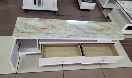 Modern Marble Top TV Stand with Storage Drawers and Cabinet – White Finish- Furaha Finds Kenya