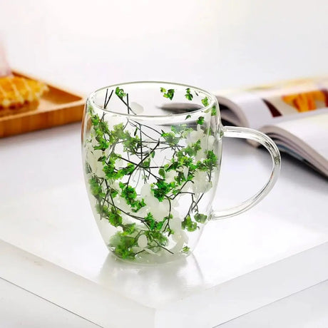 Double Wall Glass Mug with Pressed Floral Design Mugs
