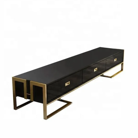 Modern Black Glass TV Stand with Gold Frame and 2sides Storage Drawers