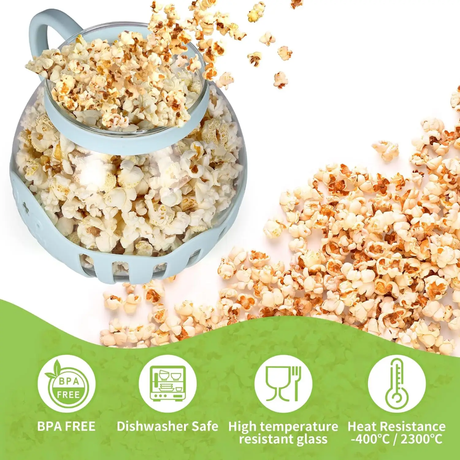 Microwave Popcorn Maker Borosilicate Glass, Quick 2-3 Minute Popper with Measuring Lid.