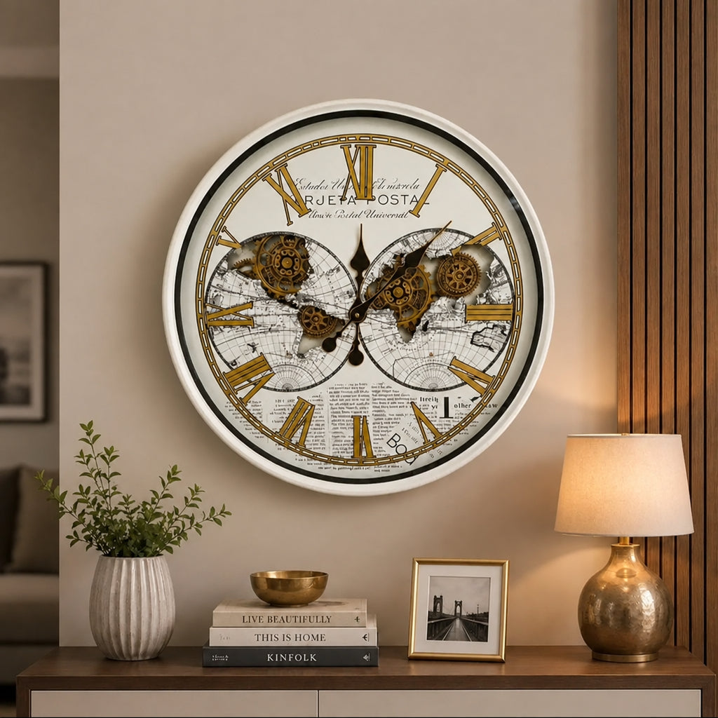White World Map Vintage Gear Wall Clock Wall clock Wall Clocks