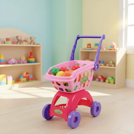 Kids Kitchen Playhouse Shopping Trolley / Supermarket Cart with Fruits Toy Tools