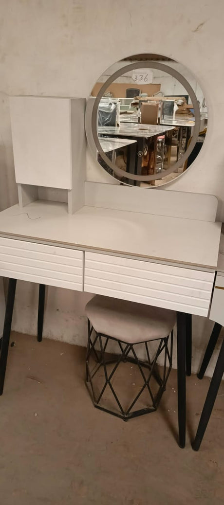 Contemporary Dressing Table with Round Mirror Ribbed Drawer Design, Organizer Shelf & Padded Stool