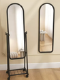 Full Length Standing Mirror with Arched Frame and Storage Rack