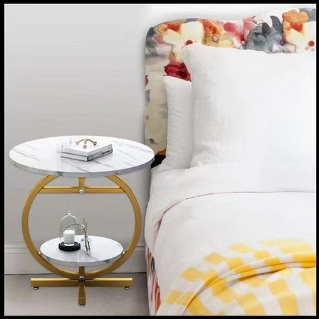 2-Layer Marble Effect Minimalist Side Table – Living Room, Bedside, or Balcony Coffee Table