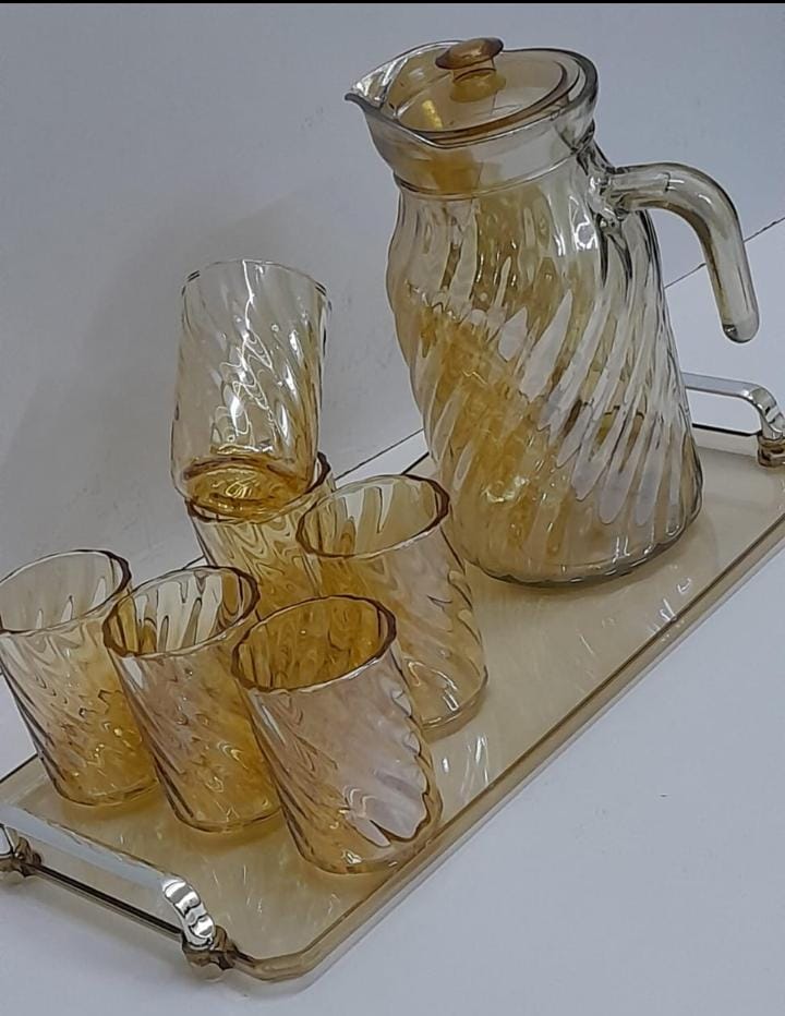 Glass Jug with Glasses and Tray Set Available in Gold or Black