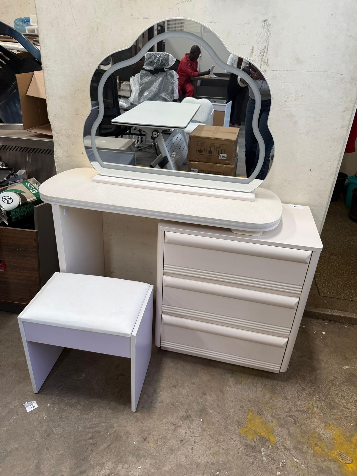 Modern White LED Mirror Dressing Table with Drawers and Padded Stool