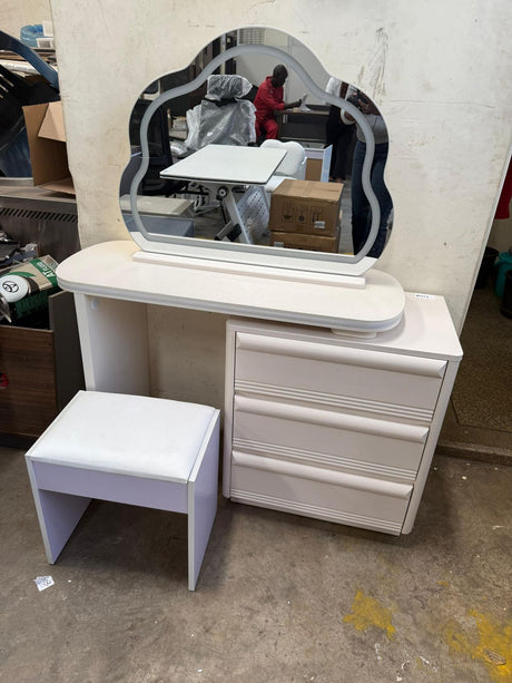 Modern White LED Mirror Dressing Table with Drawers and Padded Stool
