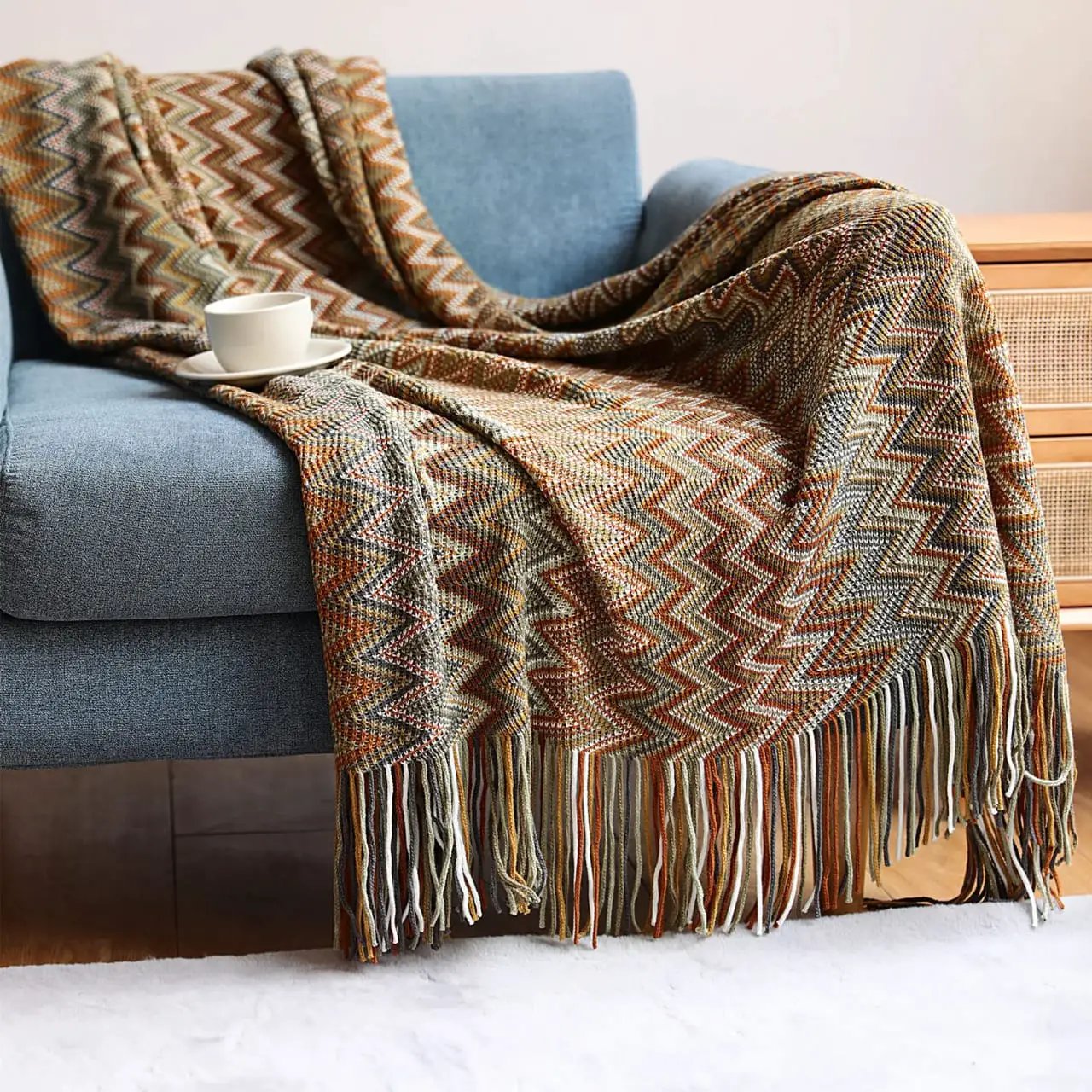 Bohemian Knitted Throw Blanket With Tassel Cold essentials Throw Blankets