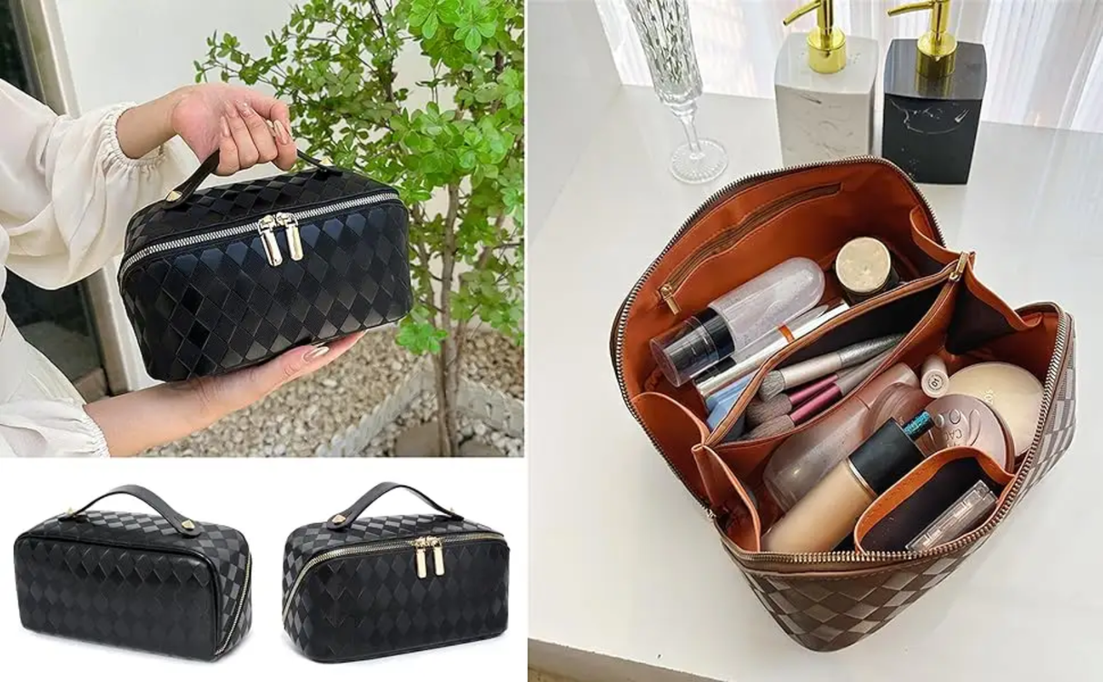 PU Leather Cosmetic Storage Bags Sleek Waterproof Makeup Organizer (22x12.5x13cm)