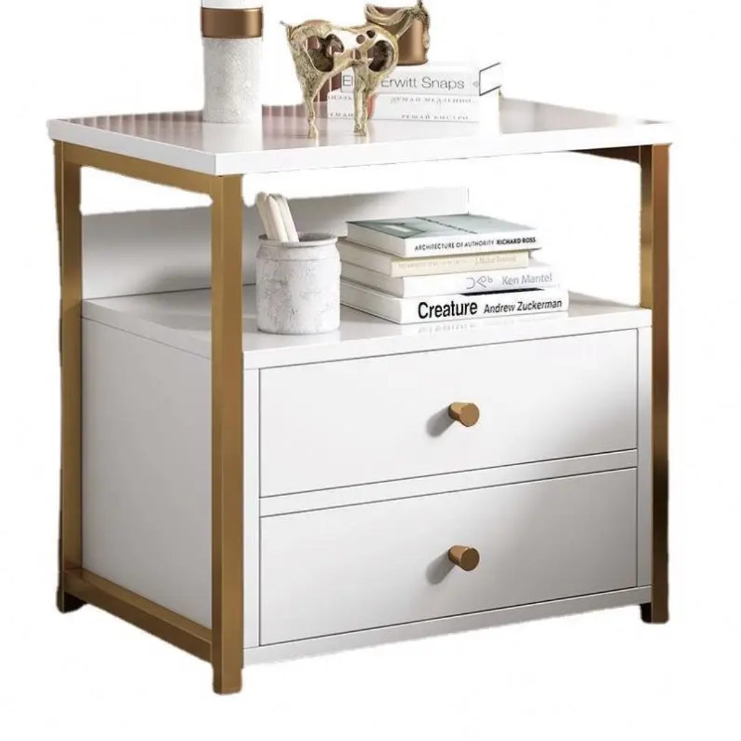 Nordic Luxury Double Drawer Bedside Cabinet – Marble Texture White Nightstand (50x45x35cm)