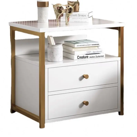 Nordic Luxury Double Drawer Bedside Cabinet – Marble Texture White Nightstand (50x45x35cm)