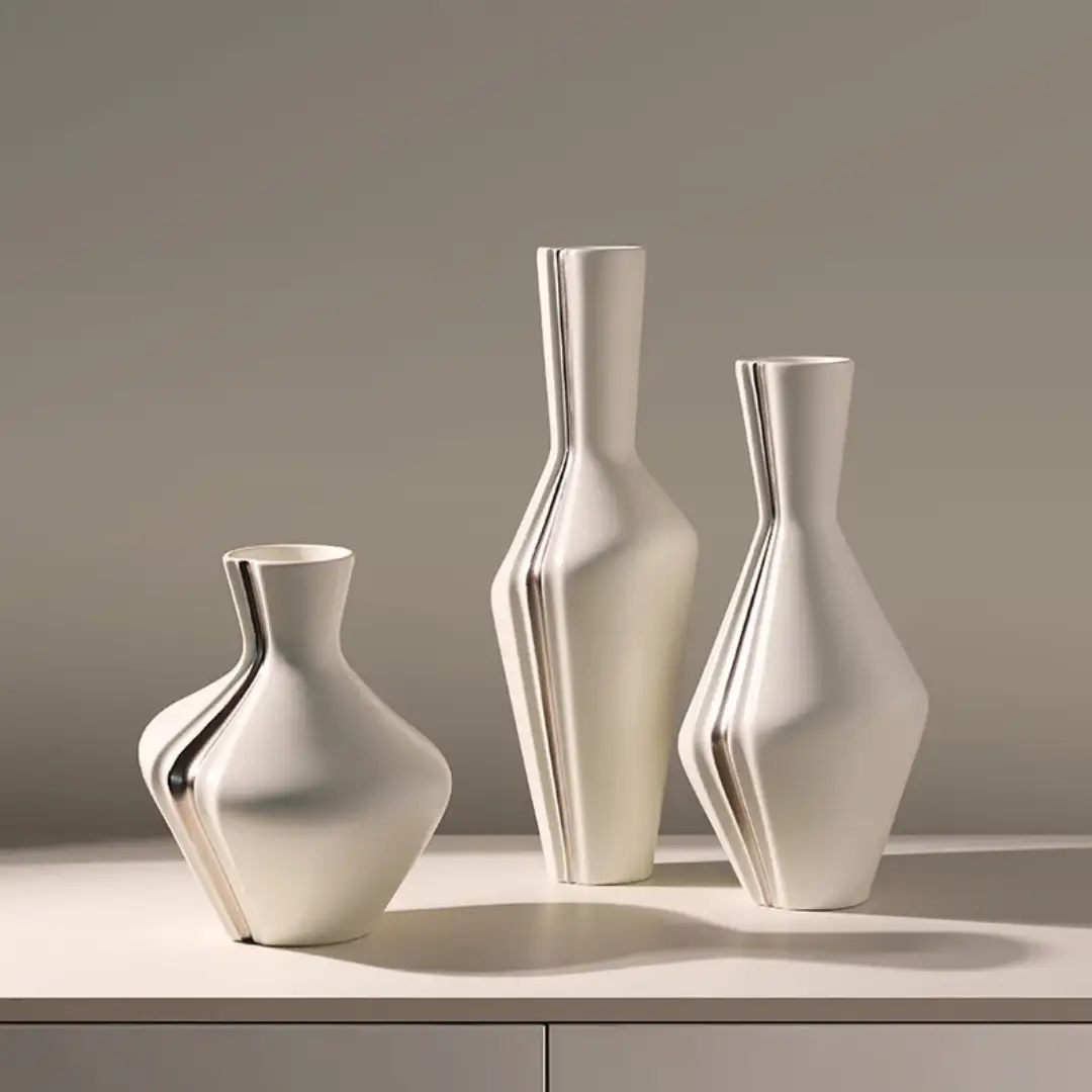 3pc Sculptural Pinch-Groove Ceramic Vase Set Cream Silver Graduated Heights Home & Garden Vases