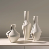 3pc Sculptural Pinch-Groove Ceramic Vase Set Cream Silver Graduated Heights Home & Garden Vases