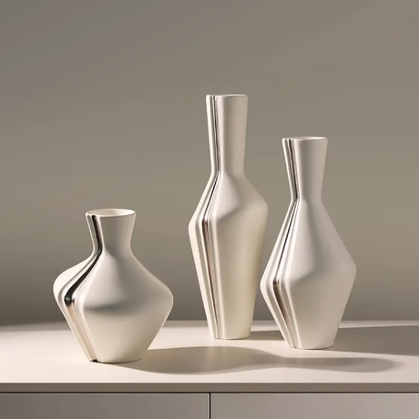 3pc Sculptural Pinch-Groove Ceramic Vase Set Cream Silver Graduated Heights Home & Garden Vases