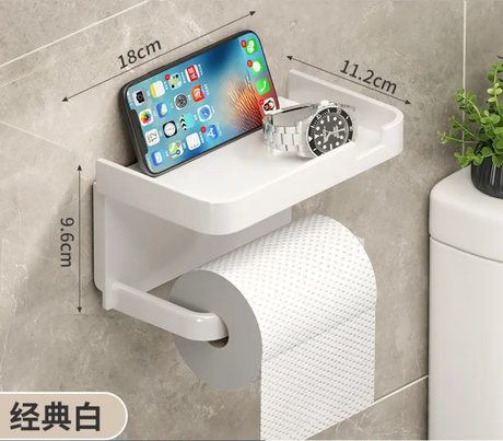 Bathroom Tissue Paper Holder with Phone Shelf Wall Mounted Non Perforated Storage Rack.