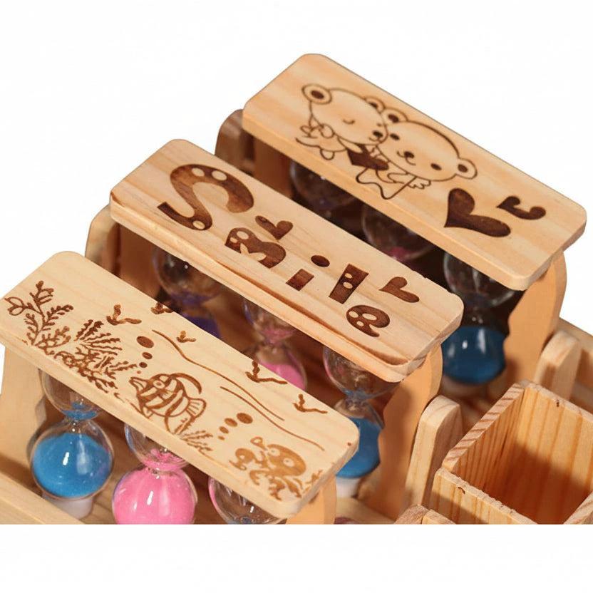 Handicraft Wooden Pen Stand with 3-Hourglass Timer Desk Organizer Pen holder Pen Holders