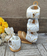 Classy Cup and Saucer Set with White Marble Cups, Bamboo Stand and Coasters