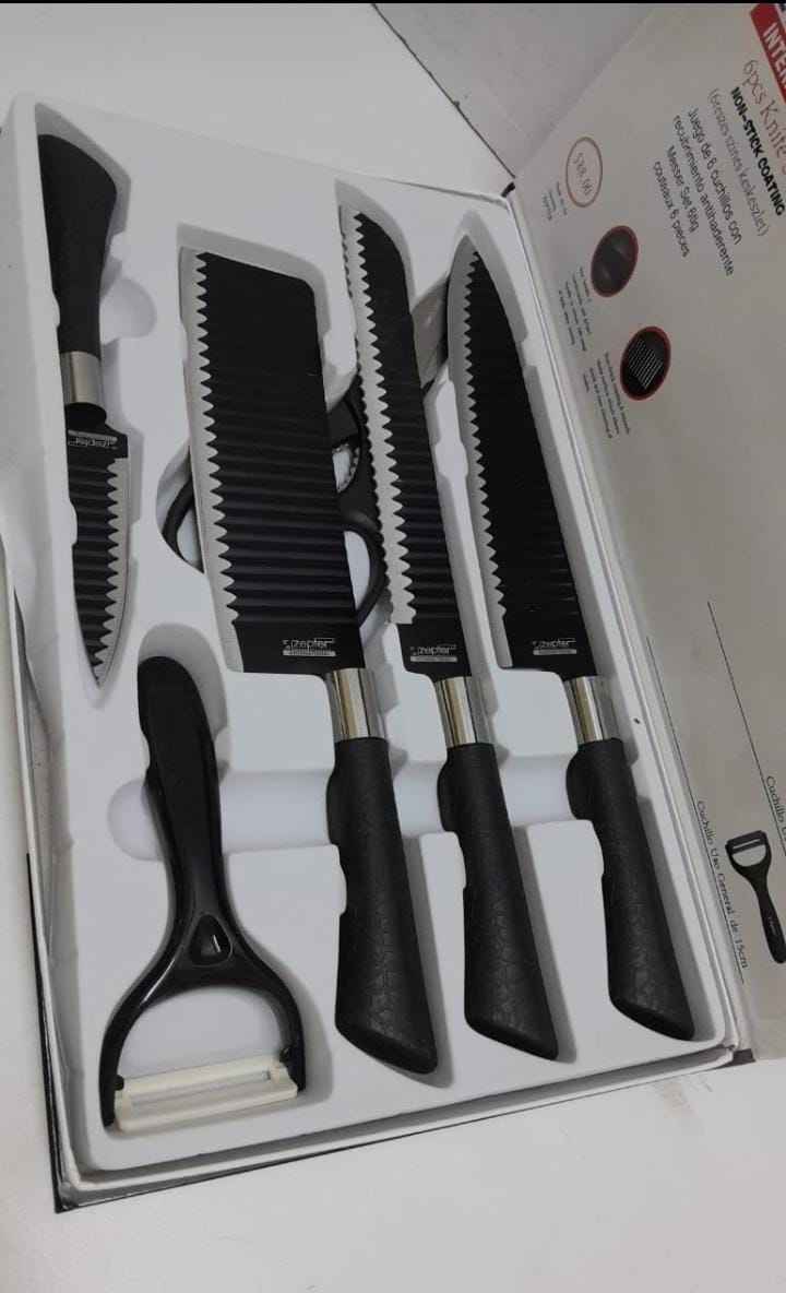 6pcs Zepter Knife Gift Pack Set – Black Non-Stick Blades with Corrugated Wavy Pattern