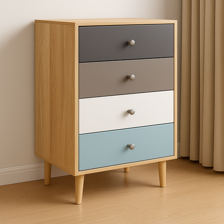 4-Layer Wooden Chest of Drawers with Pastel Fronts and Smooth Slides