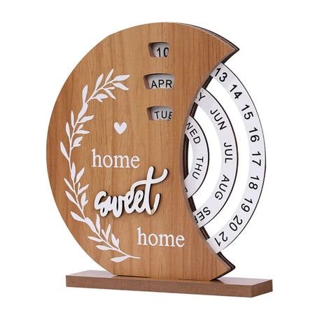 Wooden Creative Perpetual Calendar Desk Ornament with Manual Rotating Turntable.