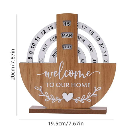 Wooden Creative Perpetual Calendar Desk Ornament with Manual Rotating Turntable.