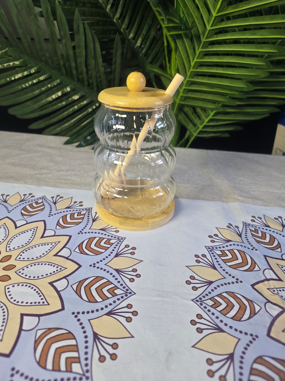 Glass Honey Dispenser Jar with Bamboo Lid, Base & Dipper- Furaha Finds Kenya