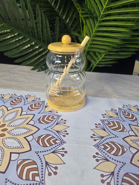 Glass Honey Dispenser Jar with Bamboo Lid, Base & Dipper- Furaha Finds Kenya