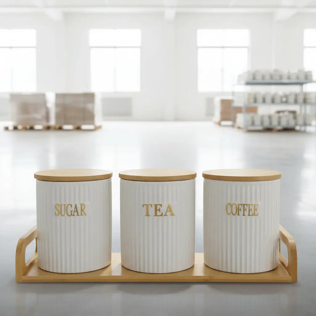 Ceramic Canisters With Bamboo Stand Airtight Storage Kitchen households Food Storage Containers
