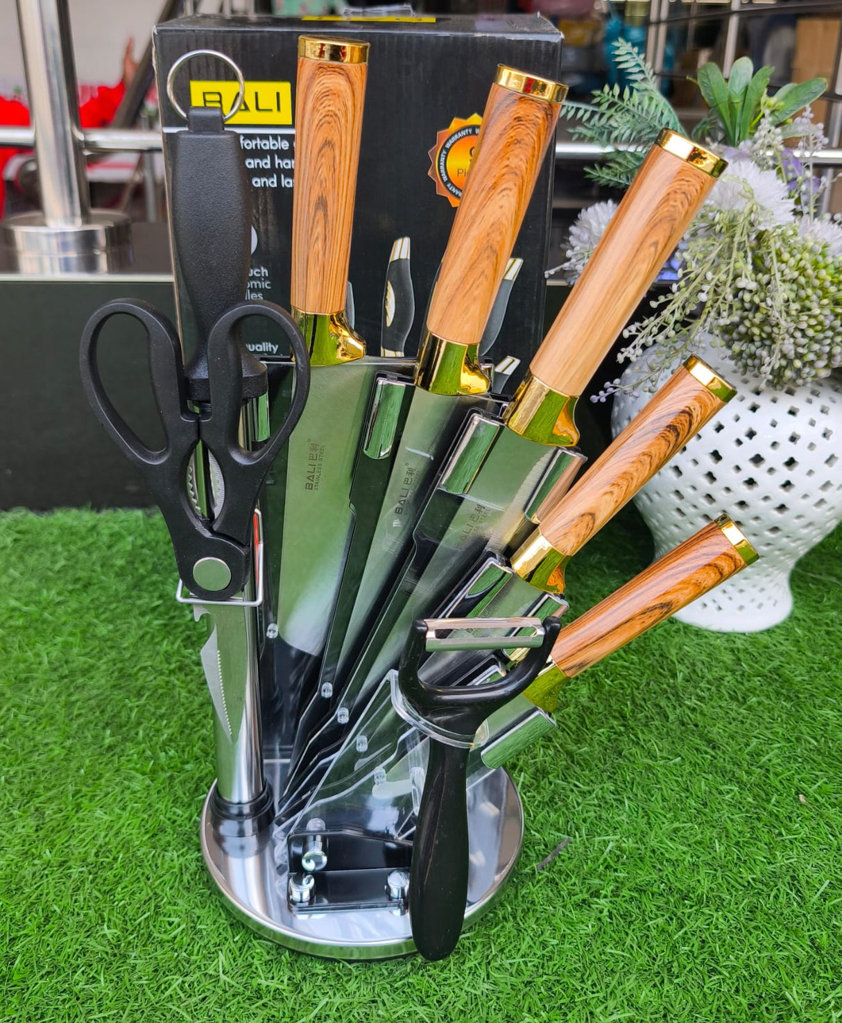 9 Piece Wooden Kitchen Knife Set with Stainless Steel Blades and Accessories