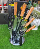 9 Piece Wooden Kitchen Knife Set with Stainless Steel Blades and Accessories