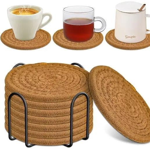 Woven Cotton Coasters Set With Metal Stand Kitchen & Dining Coasters
