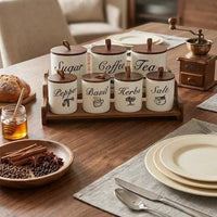 Luxury Ceramic Canister Set With Bamboo Lids And Chrome Tray 8 Piece Kitchen & Dining Food Storage Containers