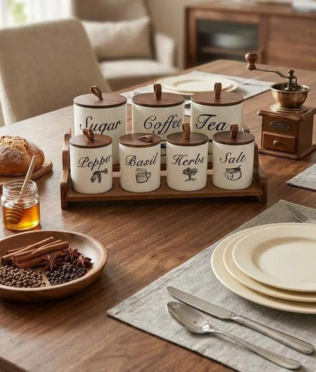 Luxury Ceramic Canister Set With Bamboo Lids And Chrome Tray 8 Piece Kitchen & Dining Food Storage Containers