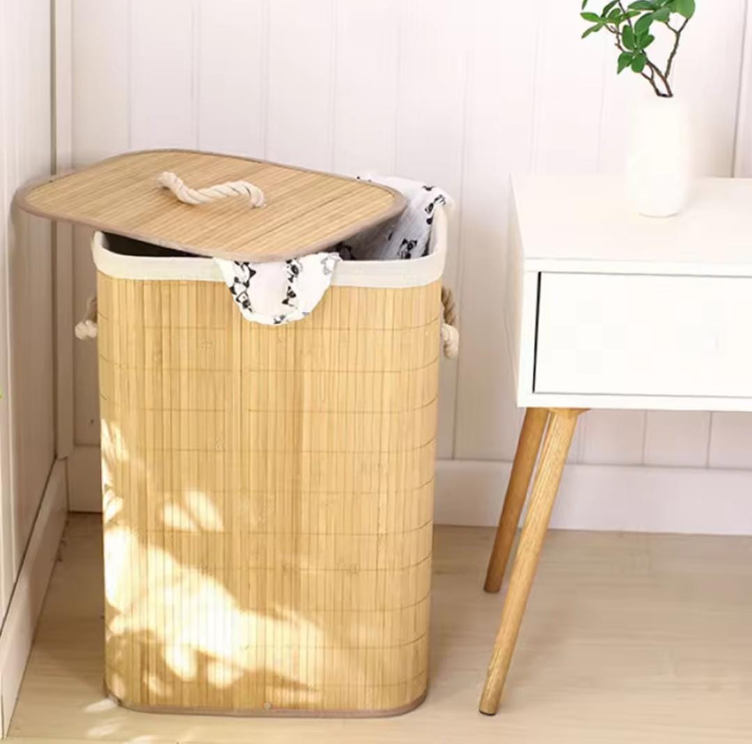 Bamboo Laundry Basket Foldable Hamper with Lid–50x30x40cm