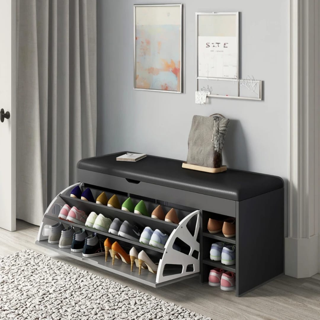 Modern Bucket Flip Shoe Cabinet with Cushioned Seat and 3 Layer Storage 100x51x30cm