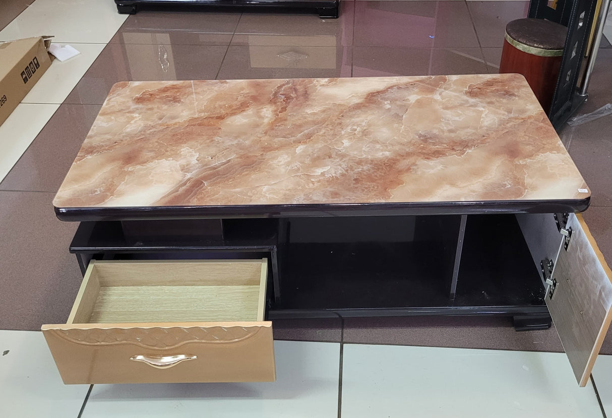 Glass-Top Coffee Table with Dual Drawers – Brown Marble-Finish Living Room Table
