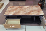 Glass-Top Coffee Table with Dual Drawers – Brown Marble-Finish Living Room Table