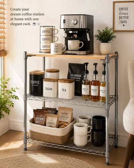 3-Layer Carbon Steel Wooden Top Shelf Kitchen rack Kitchen Cabinets